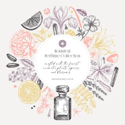 Sketch style botanical gift card template. Vintage perfume and cosmetic frame design. Hand-drawn vector illustration. Aromatic plants and flower sketches. NOT AI generated